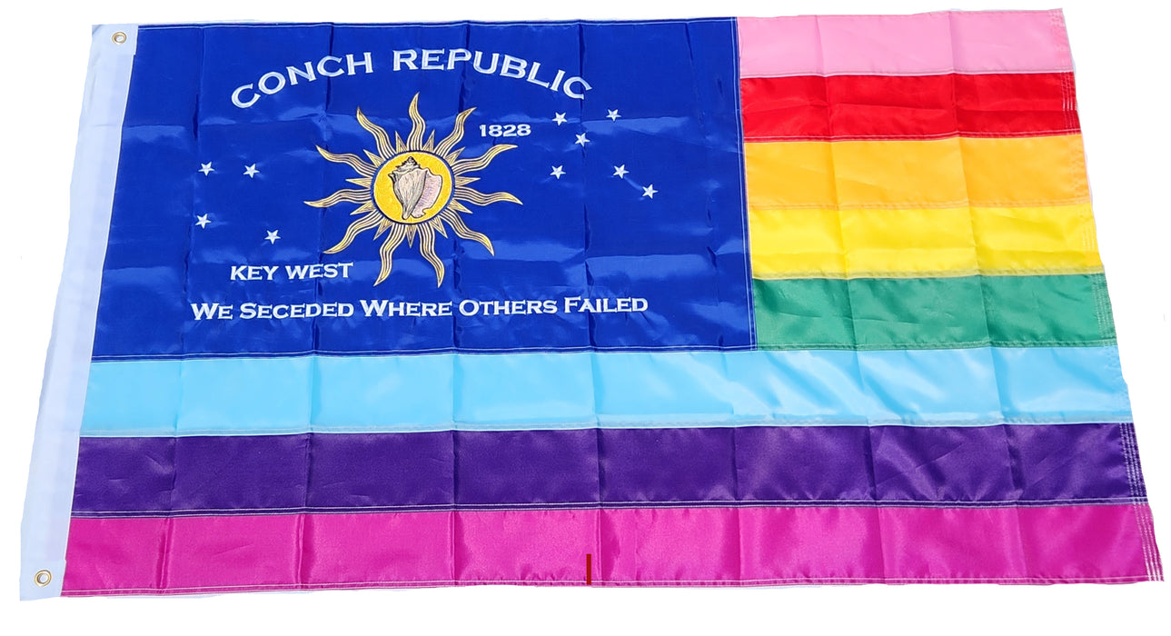 Embroidered Conch Republic Rainbow Pride LGBTQ Gay Lesbian Flag with Canvas Header from Key West, Florida