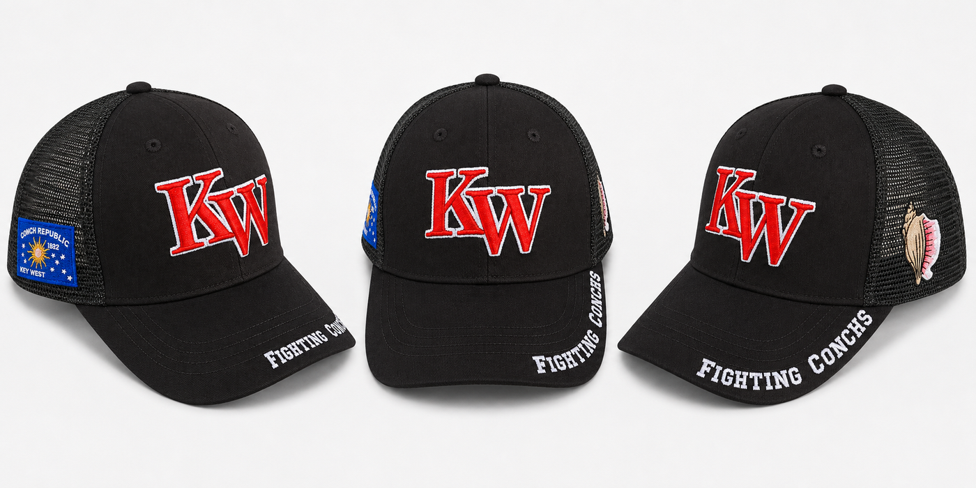 Key West High School KW Fighting Conchs Trucker/Sports/Baseball Cap, Crimson/Gray/White with Conch Republic Flag Patch, and Premium Conch Shell Embroidery