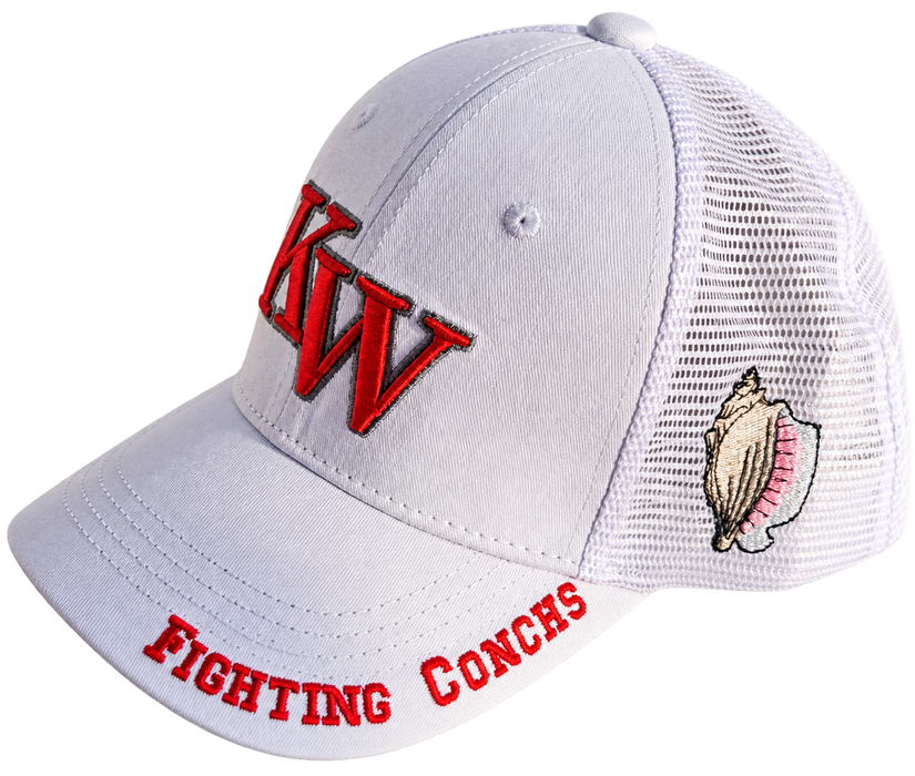Key West High School KW Fighting Conchs Trucker/Sports/Baseball Cap, Crimson/Gray/White with Conch Republic Flag Patch, and Premium Conch Shell Embroidery