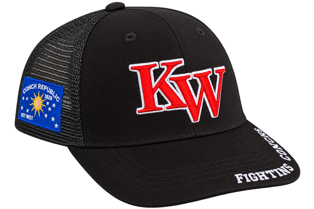Key West High School KW Fighting Conchs Trucker/Sports/Baseball Cap, Crimson/Gray/White with Conch Republic Flag Patch, and Premium Conch Shell Embroidery