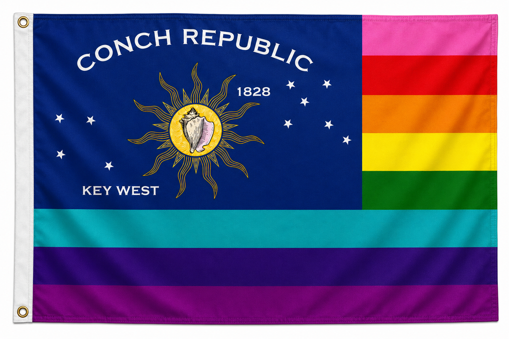 Embroidered Conch Republic Rainbow Pride LGBTQ Gay Lesbian Double-Sided Flag with Canvas Header from Key West, Florida