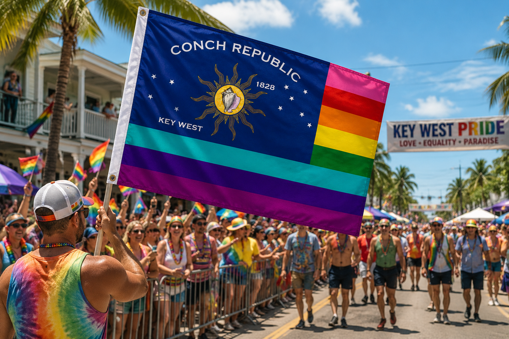 Embroidered Conch Republic Rainbow Pride LGBTQ Gay Lesbian Double-Sided Flag with Canvas Header from Key West, Florida