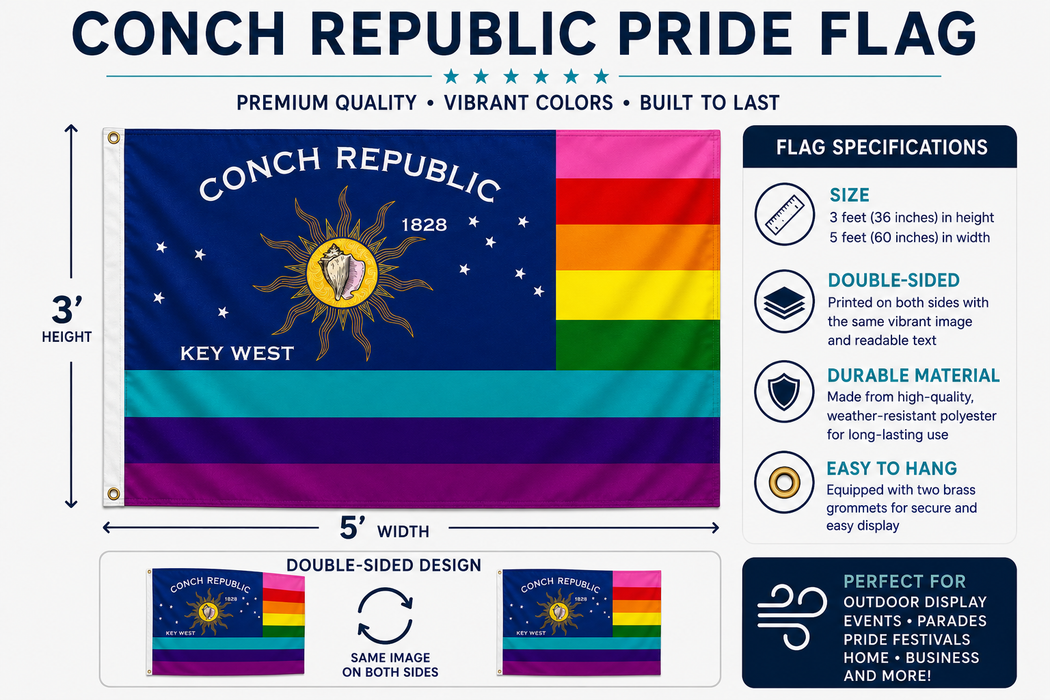 Embroidered Conch Republic Rainbow Pride LGBTQ Gay Lesbian Double-Sided Flag with Canvas Header from Key West, Florida