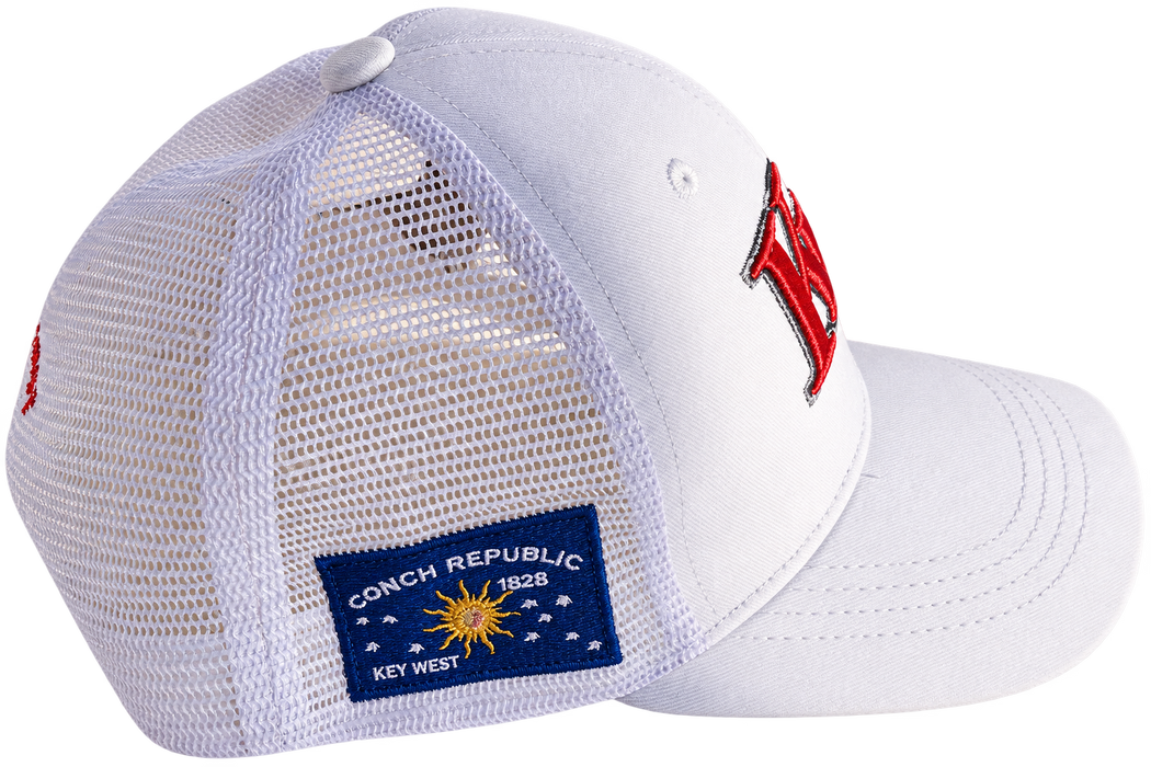 Key West High School KW Fighting Conchs Trucker/Sports/Baseball Cap, Crimson/Gray/White with Conch Republic Flag Patch, and Premium Conch Shell Embroidery