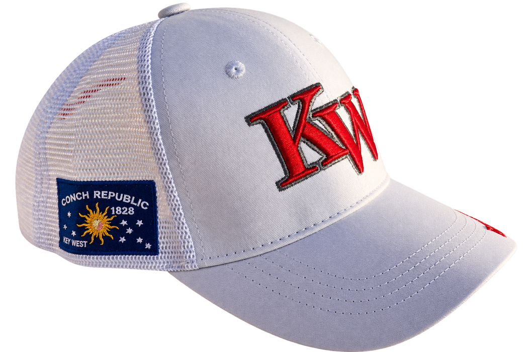 Key West High School KW Fighting Conchs Trucker/Sports/Baseball Cap, Crimson/Gray/White with Conch Republic Flag Patch, and Premium Conch Shell Embroidery