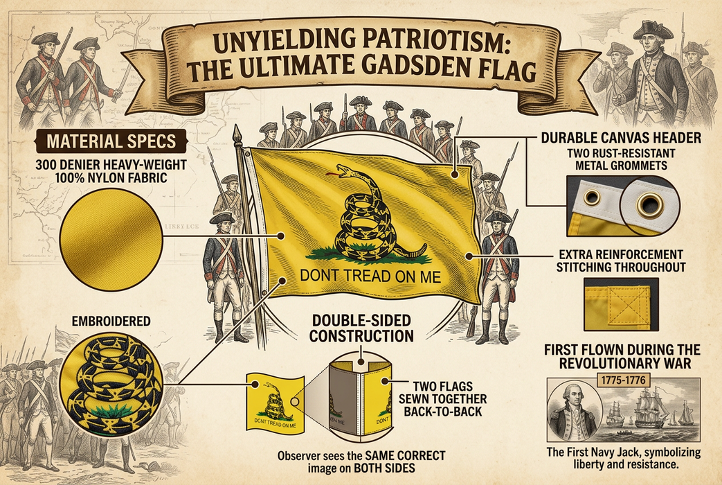 Gadsden "Don't Tread on Me" Double-Sided 100% 340D Nylon Gadsden Flag with "Don't Tread on Me" Quote and Rattlesnake Yellow Revolutionary War Flags