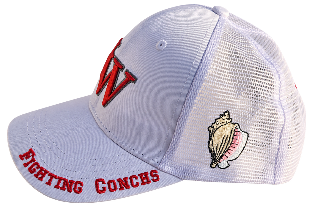 Key West High School KW Fighting Conchs Trucker/Sports/Baseball Cap, Crimson/Gray/White with Conch Republic Flag Patch, and Premium Conch Shell Embroidery