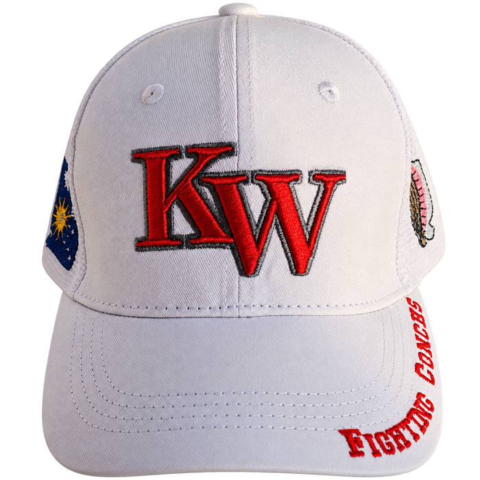Key West High School KW Fighting Conchs Trucker/Sports/Baseball Cap, Crimson/Gray/White with Conch Republic Flag Patch, and Premium Conch Shell Embroidery