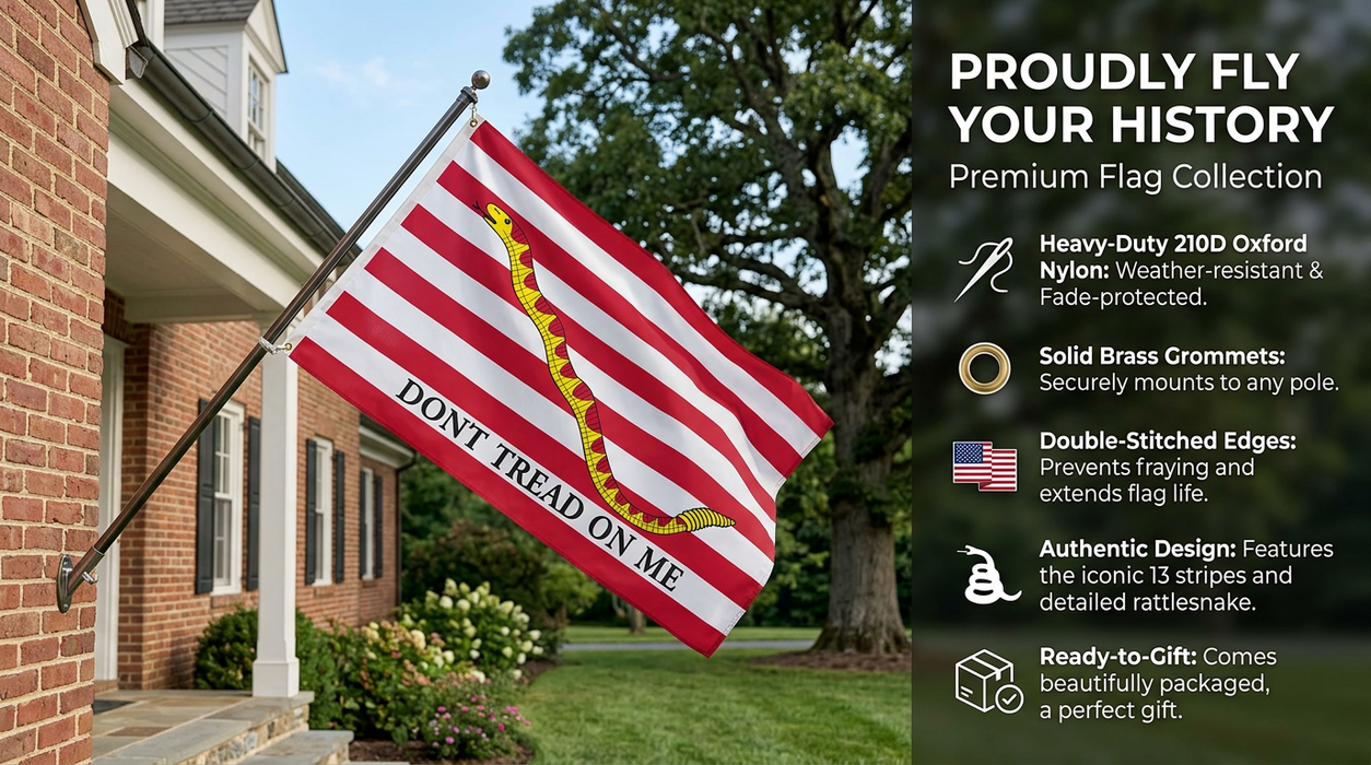 Premium 1st Navy Jack "Don't Tread on Me" Gadsden Flag Embroidered 3x5 ft. 100% 300D Nylon Double-Sided with Rattlesnake and Red and White Stripes