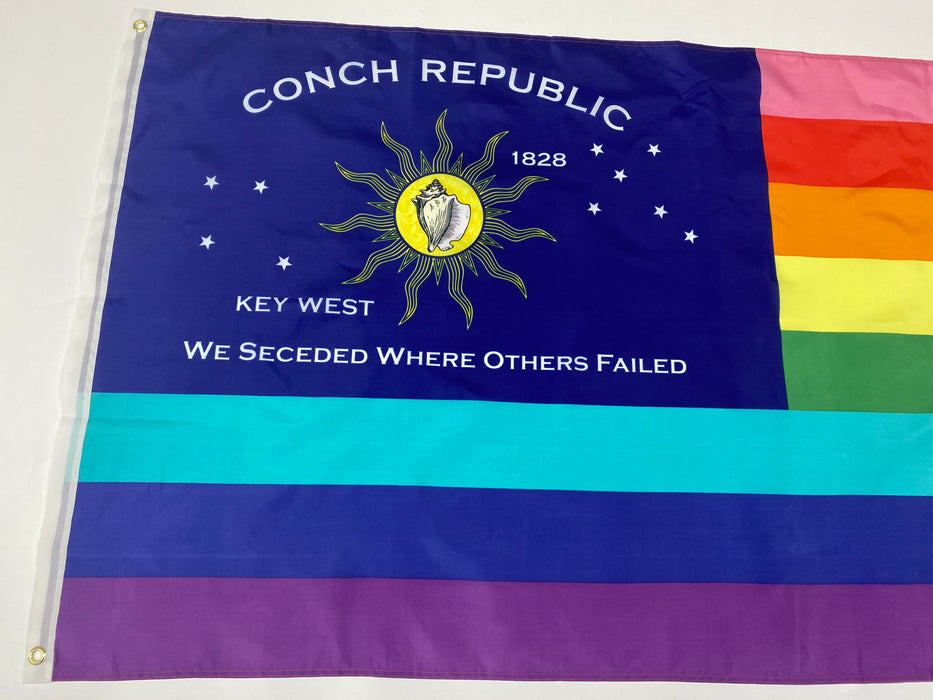 Conch Republic Flag and 8 Stripe Key West Rainbow LGBTQ Gay Lesbian Silk Screen Printed Flag Package